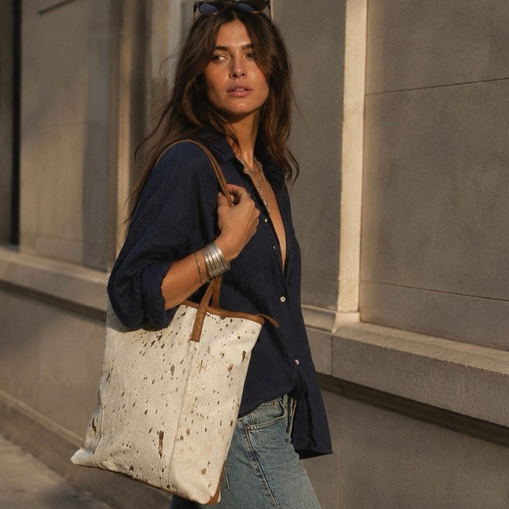 Shyanne Cowhide Hair-On Leather Tote Bag Metallic Speckled Laptop Carryall